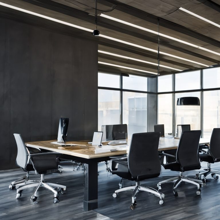 Moderne Büroumgebung mit einem großen Tisch und ergonomischen Stühlen.